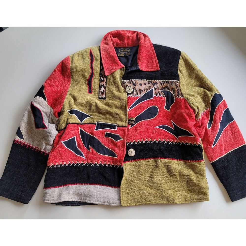 Allure Art To Wear Patchwork Jacket Red Black Tan Leopard & Abstract Prints‎ M